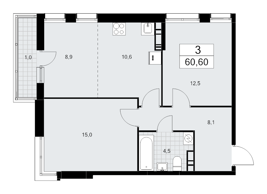 3 ккв (Евро) 60,6 м²
