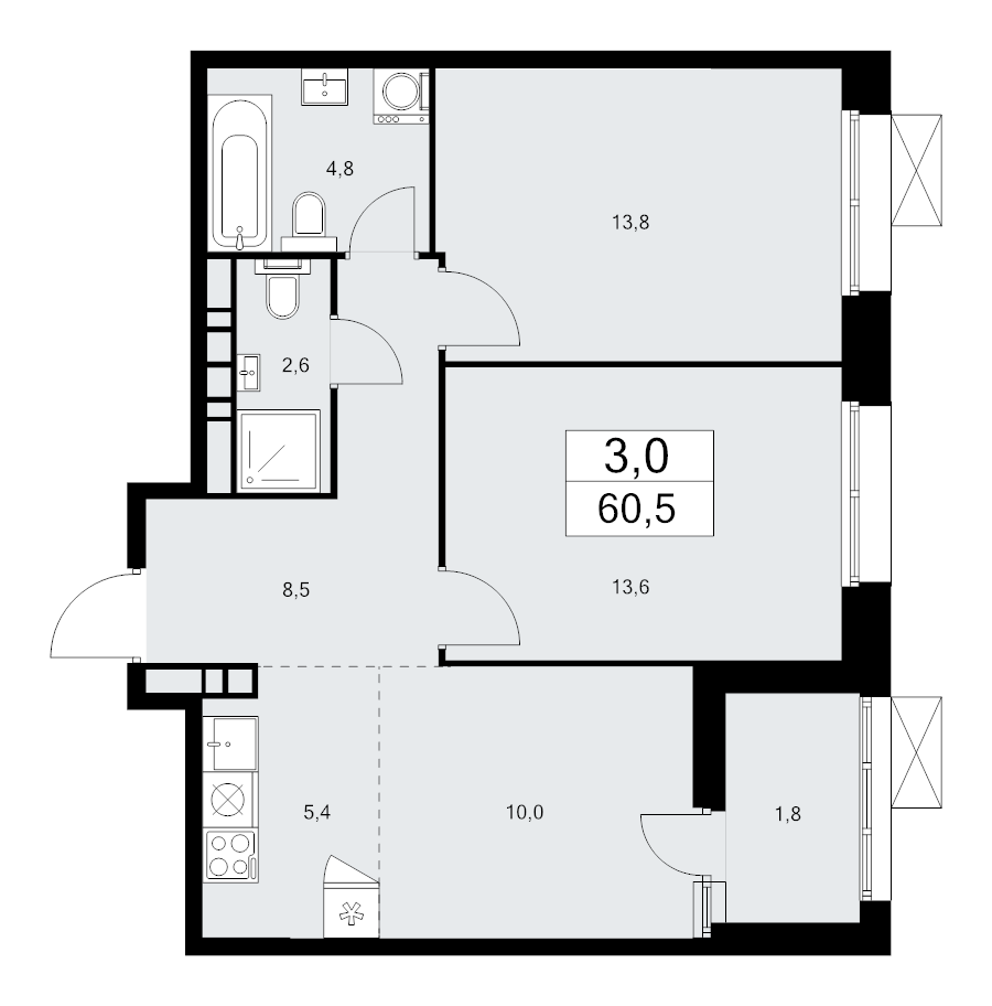 3 ккв (Евро) 60,5 м²
