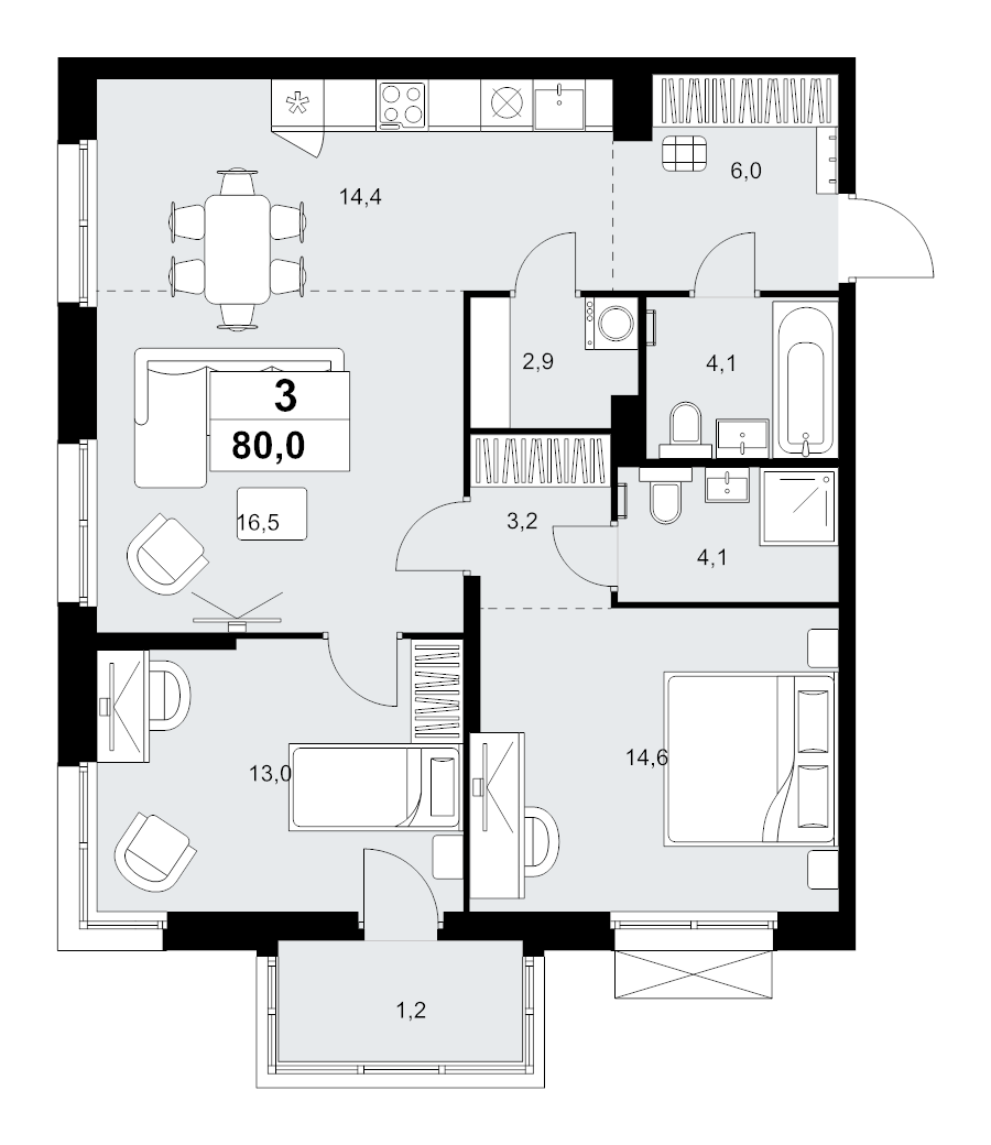 3 ккв (Евро) 80 м²