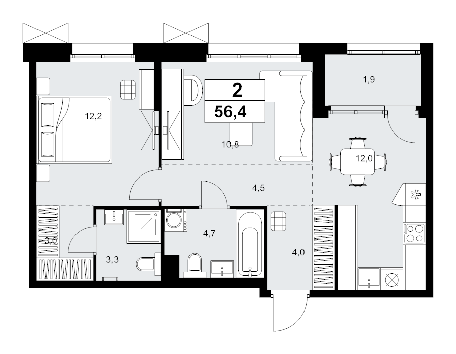 2 ккв (Евро) 56,4 м²