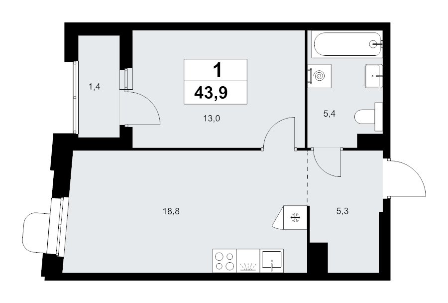 2 ккв (Евро) 43,9 м²