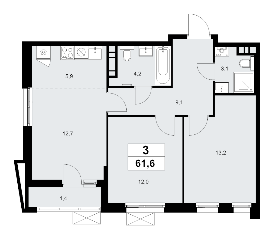 3 ккв (Евро) 61,6 м²