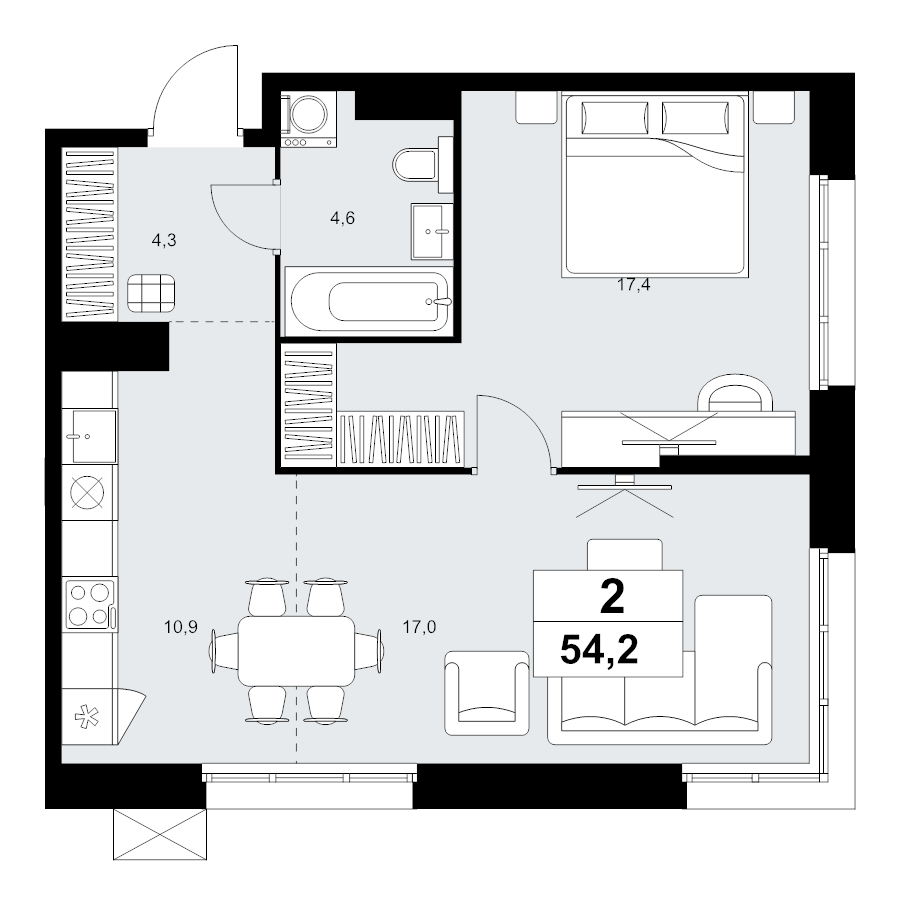 2 ккв (Евро) 54,2 м²