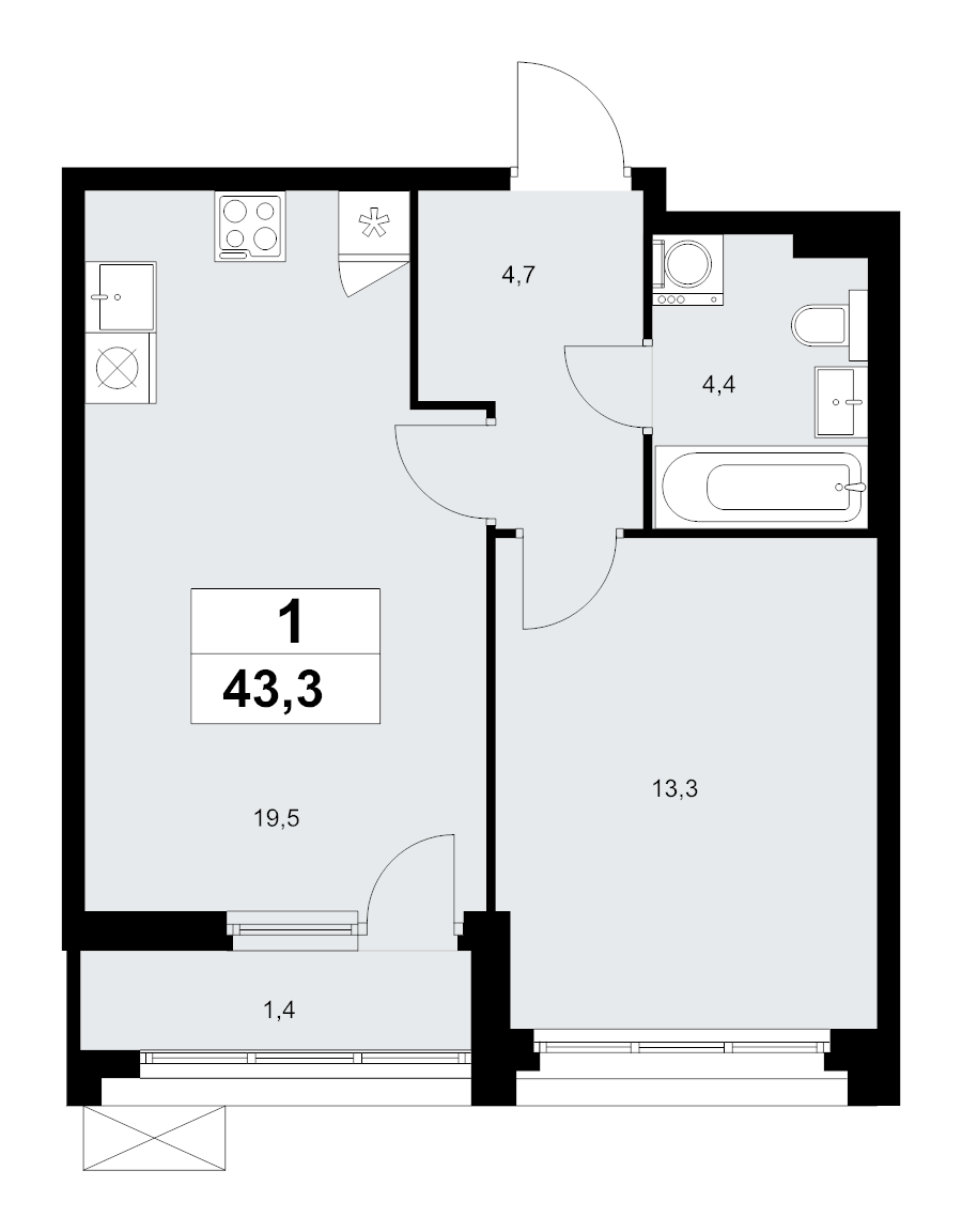 2 ккв (Евро) 43,3 м²