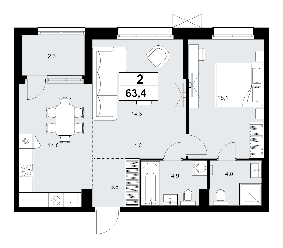2 ккв (Евро) 63,4 м²