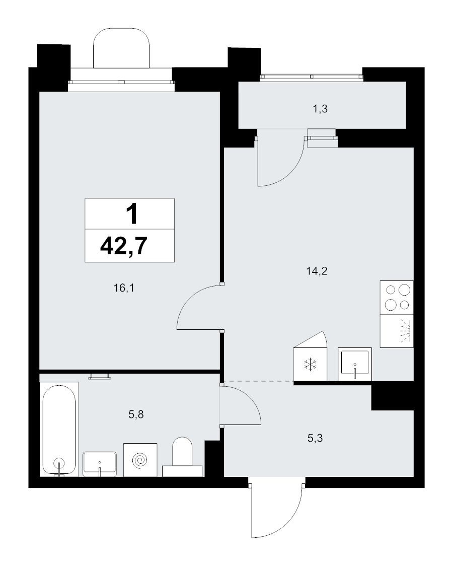 1 ккв 42,7 м²