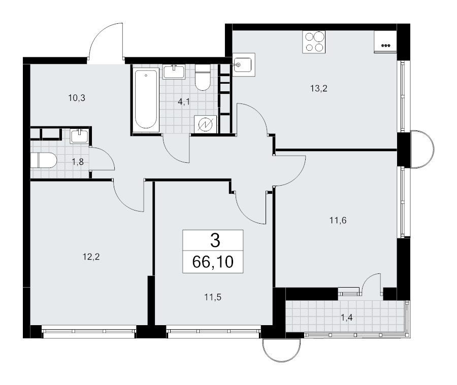 3 ккв 66,1 м²
