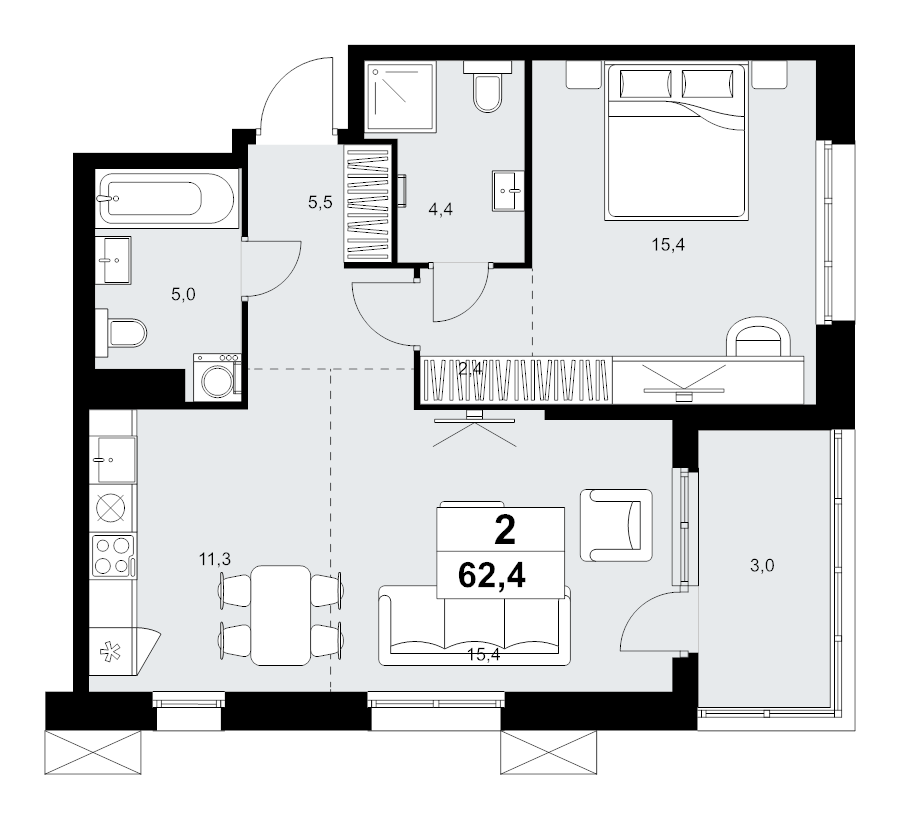 2 ккв (Евро) 62,4 м²