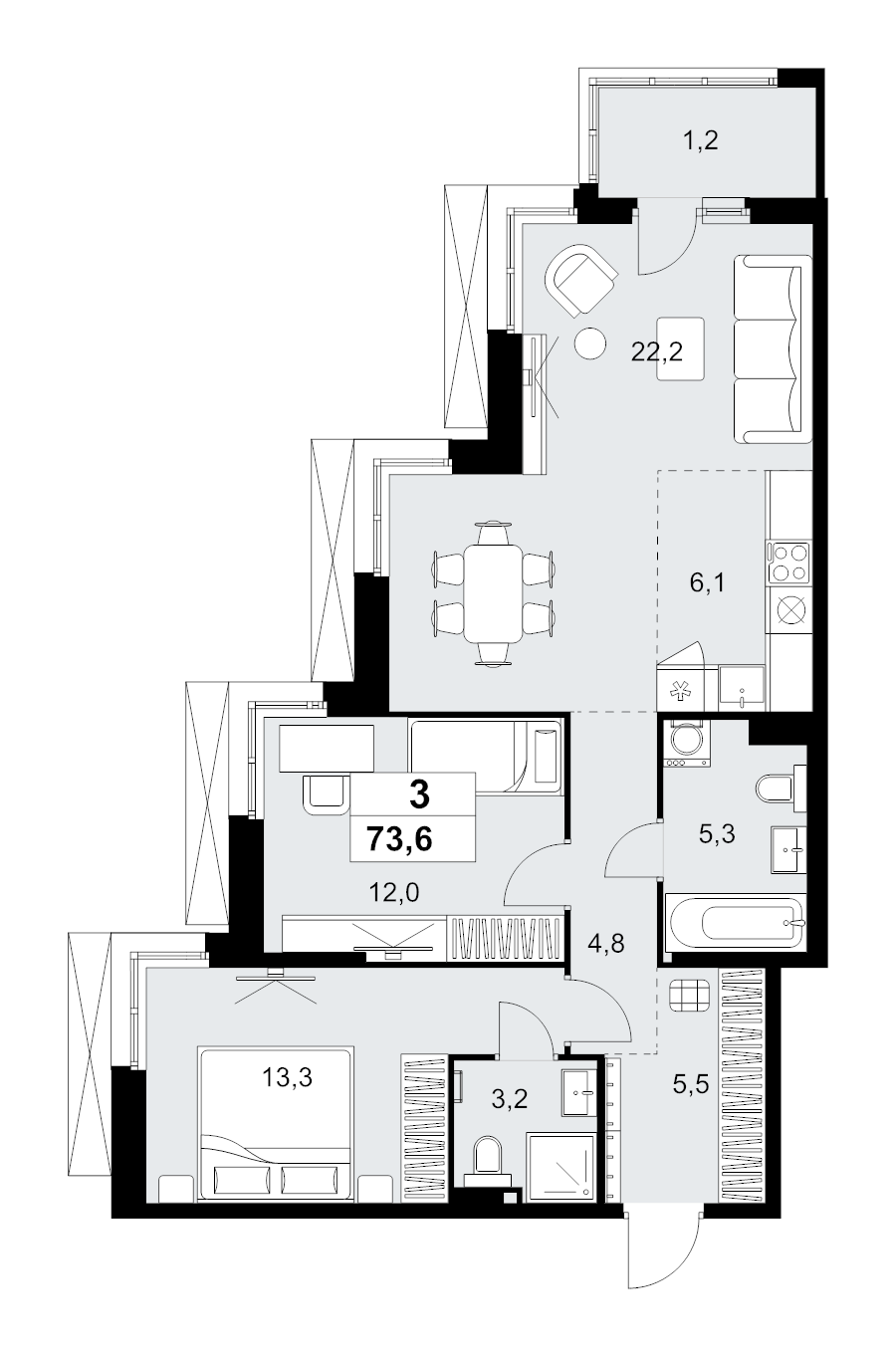 3 ккв (Евро) 73,6 м²