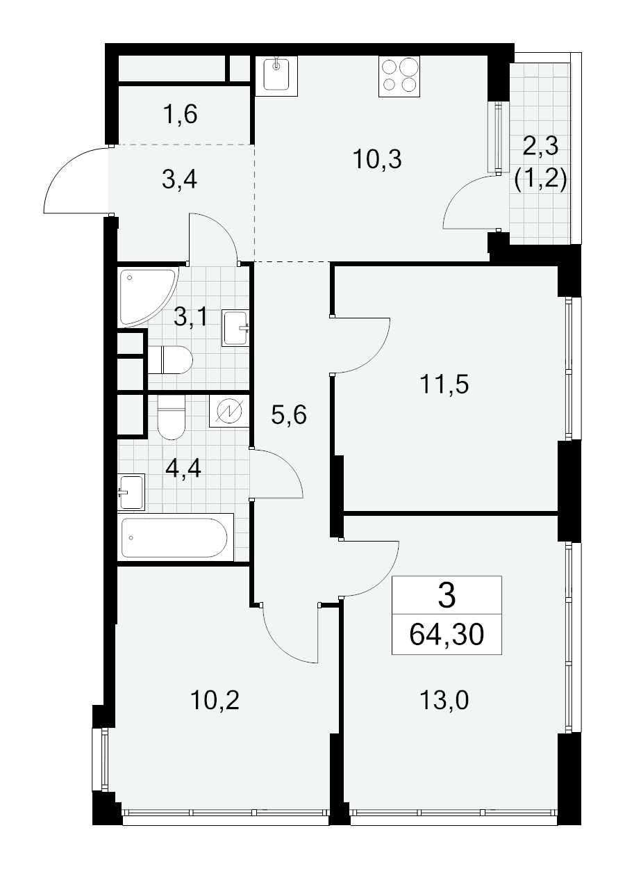 3 ккв 64,3 м²