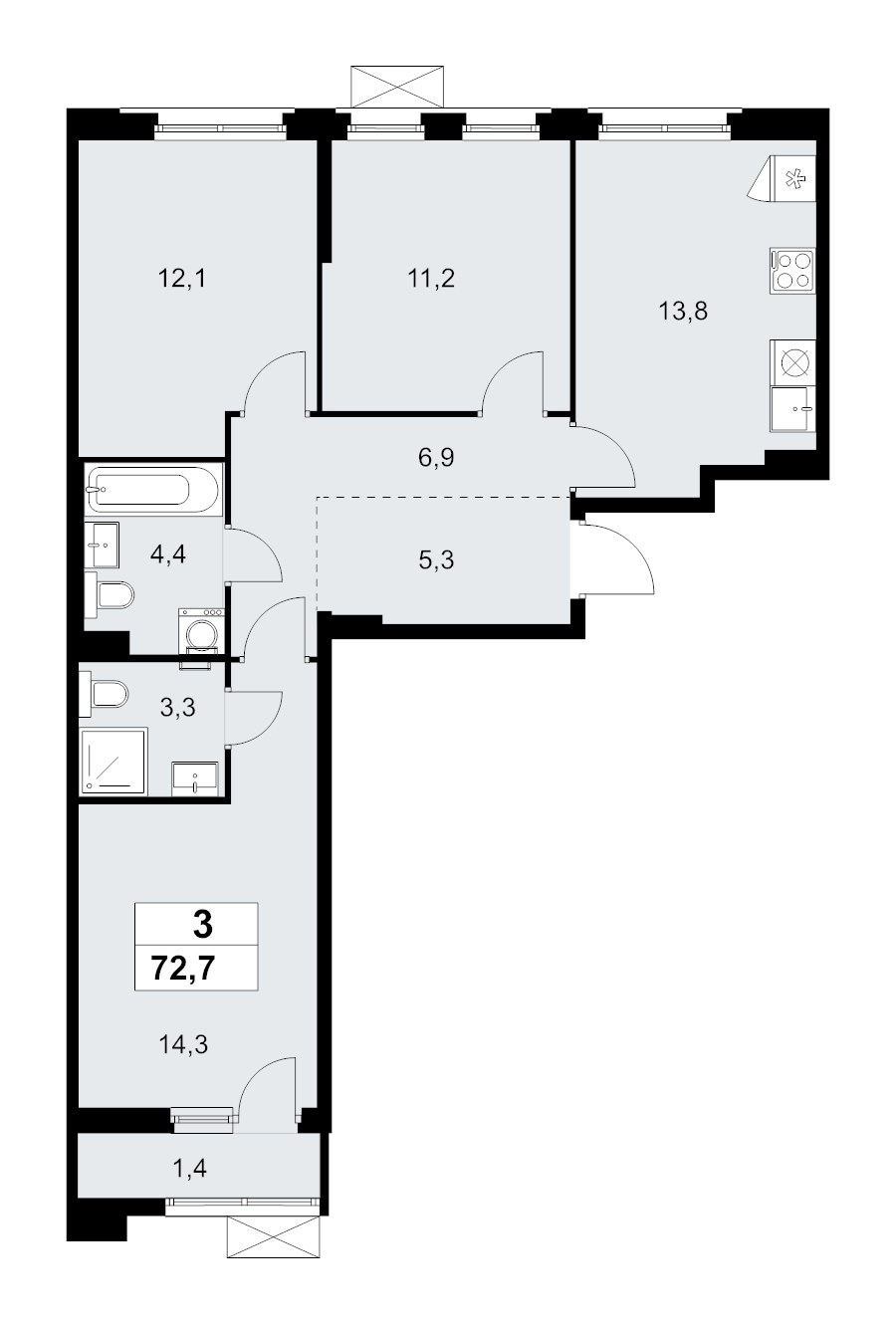 3 ккв 72,7 м²