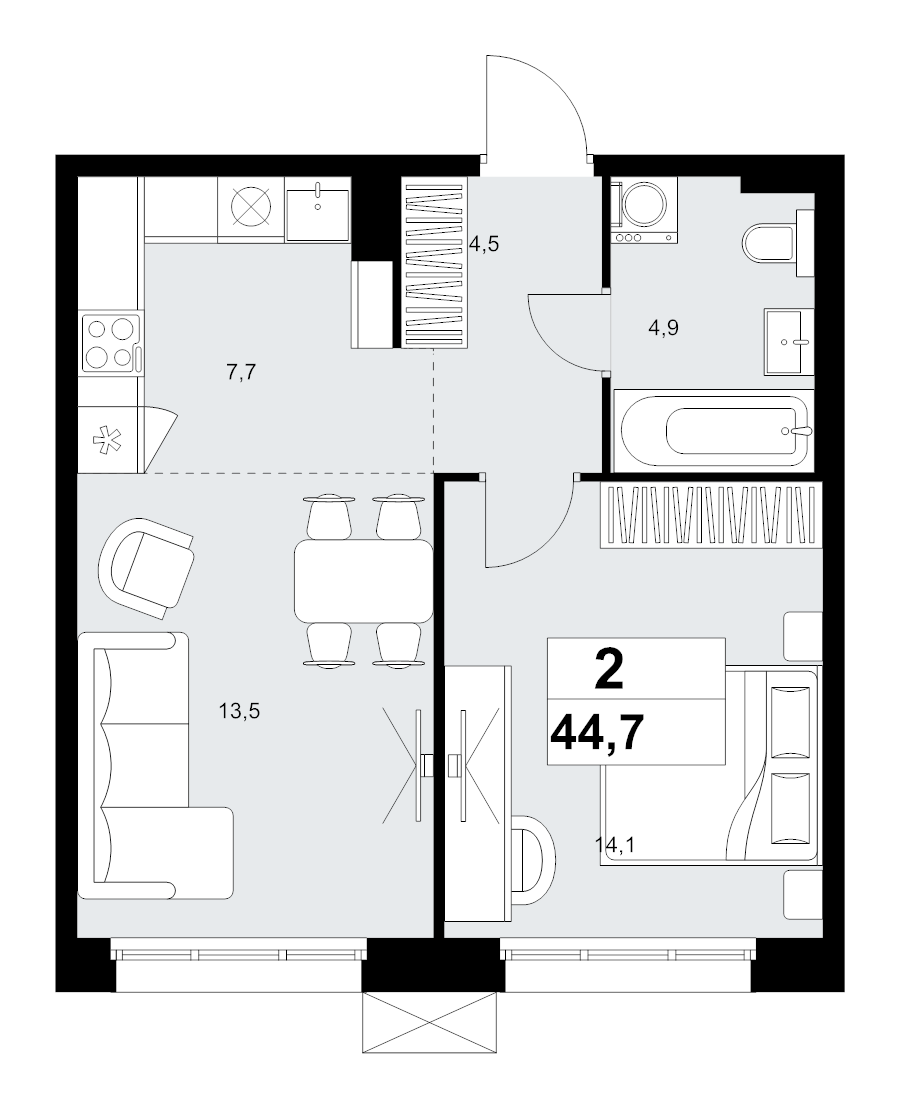 2 ккв (Евро) 44,7 м²