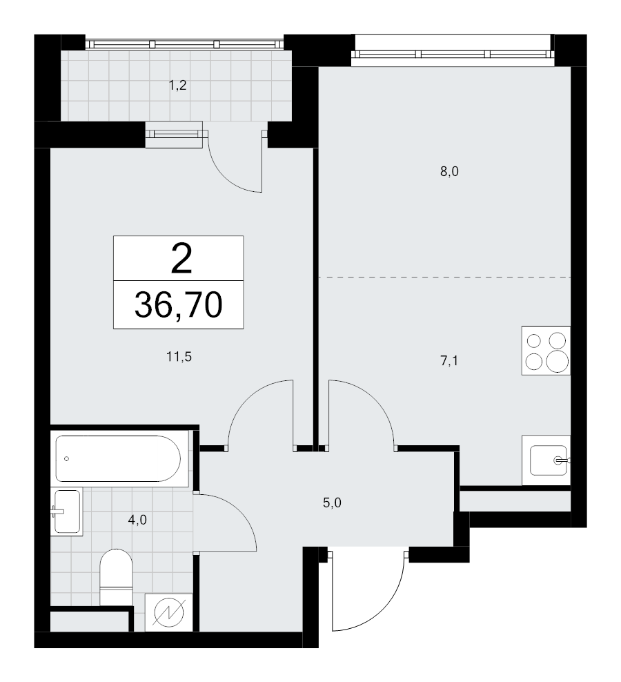 2 ккв (Евро) 36,8 м²