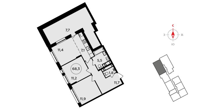 3 ккв (Евро) 68,3 м²