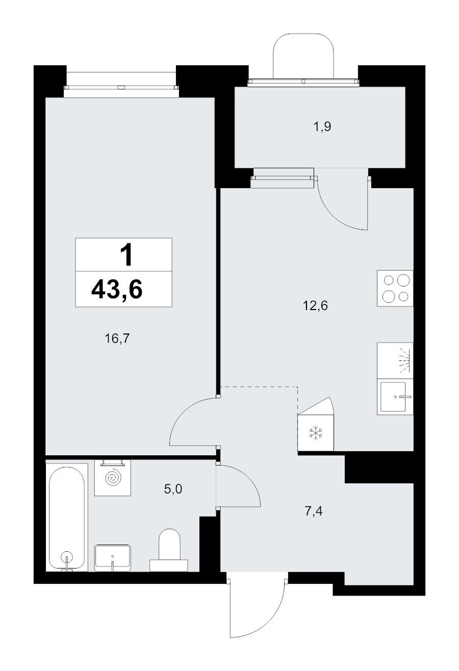 1 ккв 43,6 м²