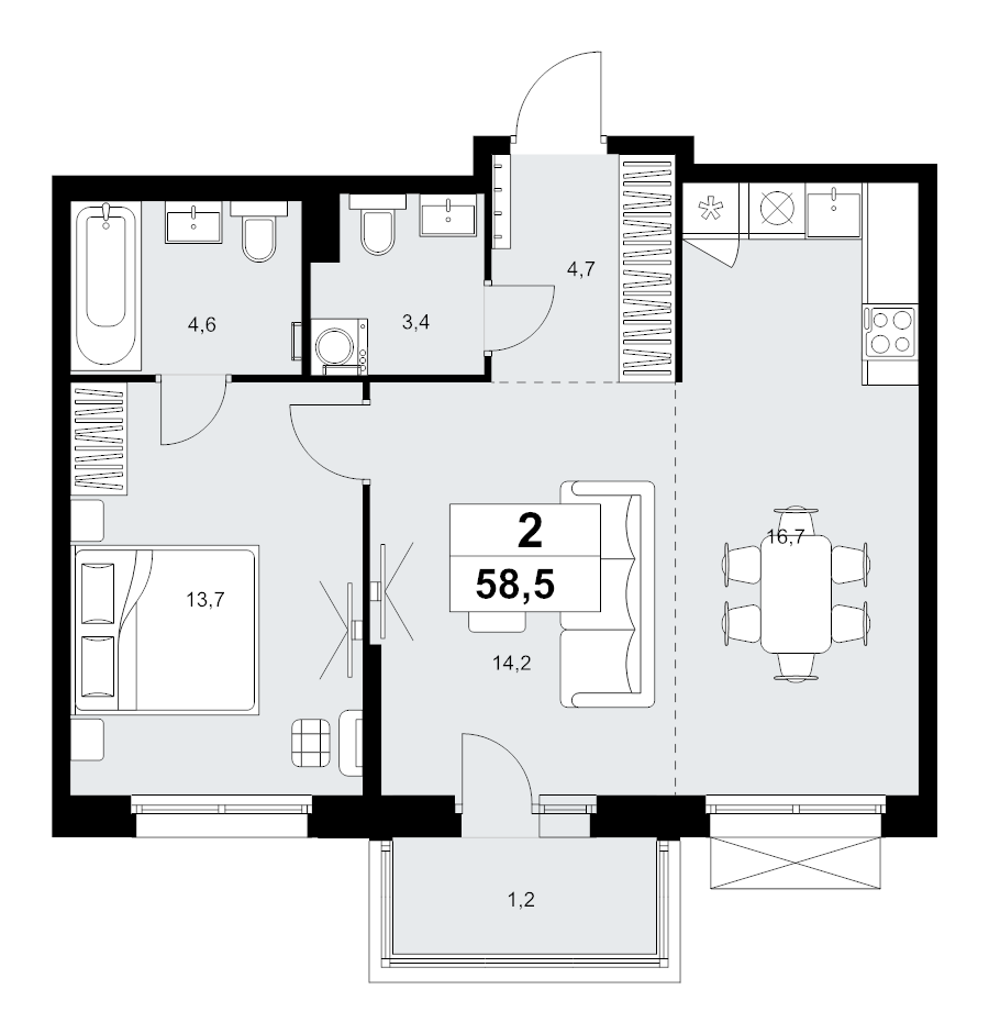 2 ккв (Евро) 58,5 м²
