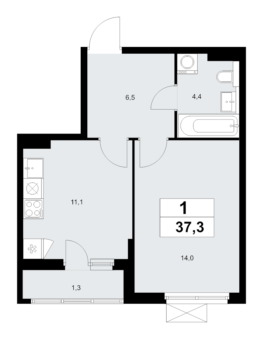 1 ккв 37,4 м²