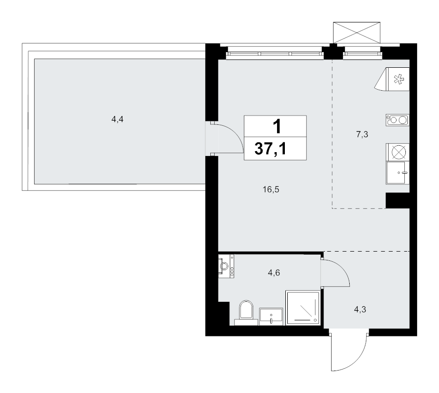 Студия 37,1 м²