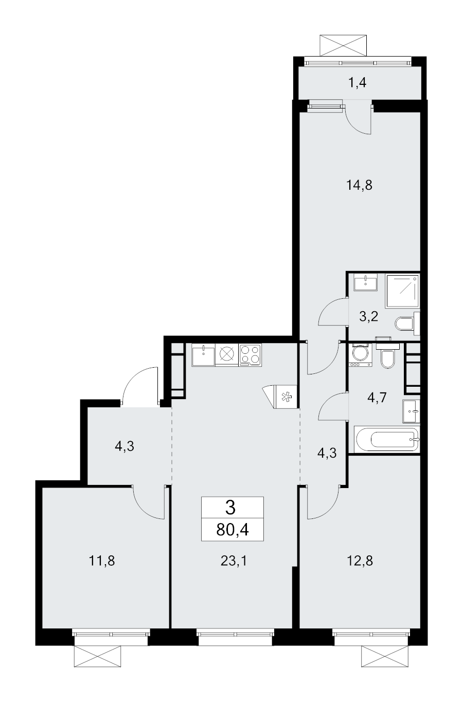 4 ккв (Евро) 80,4 м²