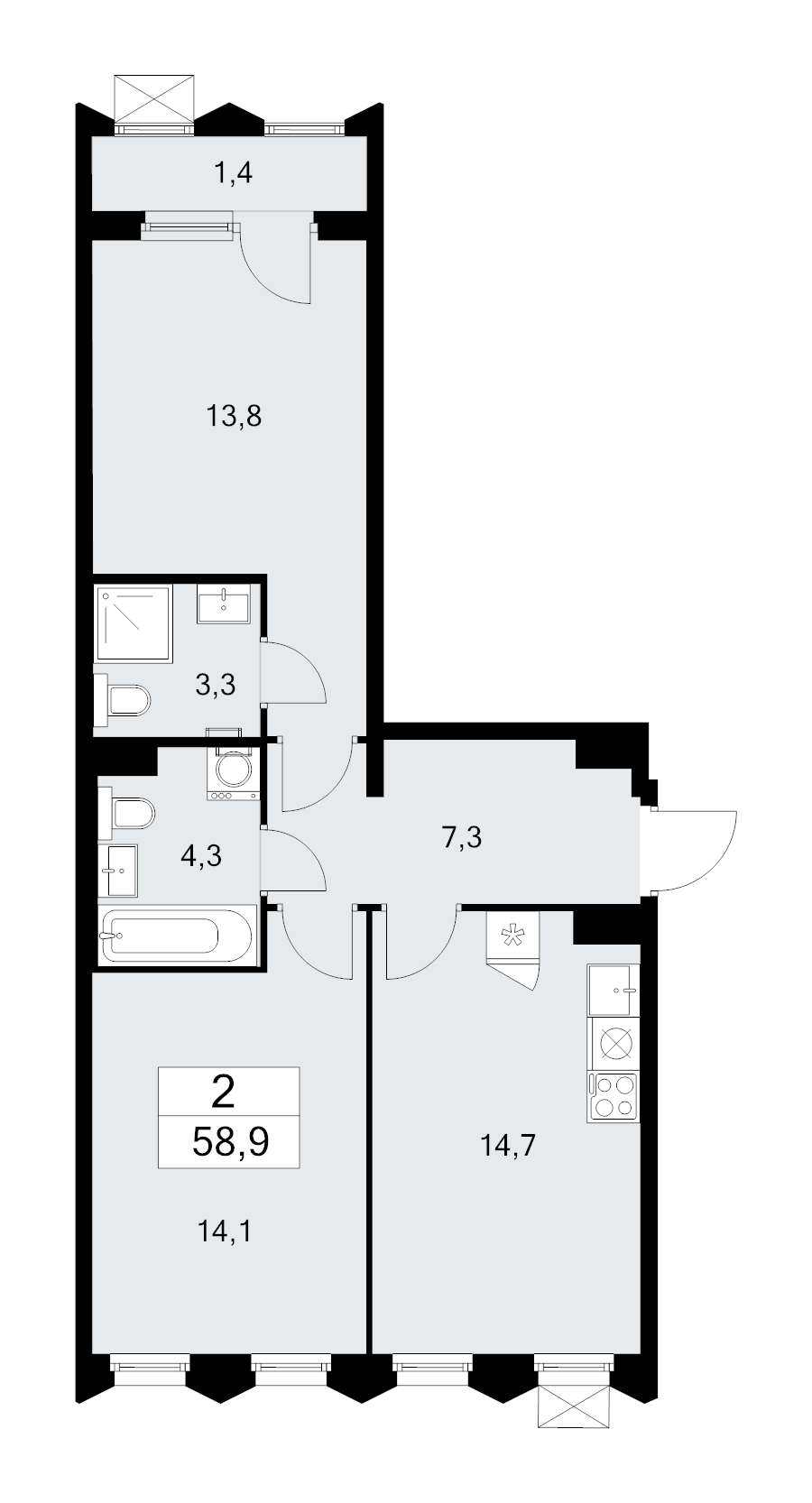 2 ккв 58,9 м²