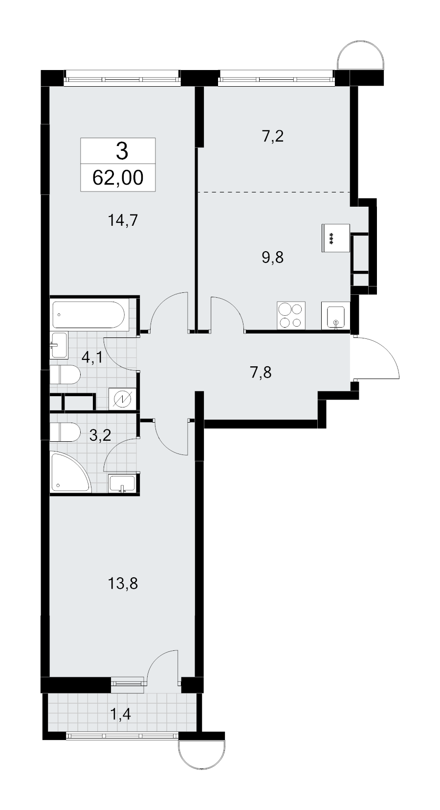 3 ккв (Евро) 62 м²