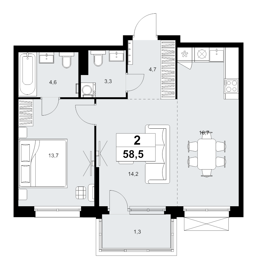 2 ккв (Евро) 58,5 м²