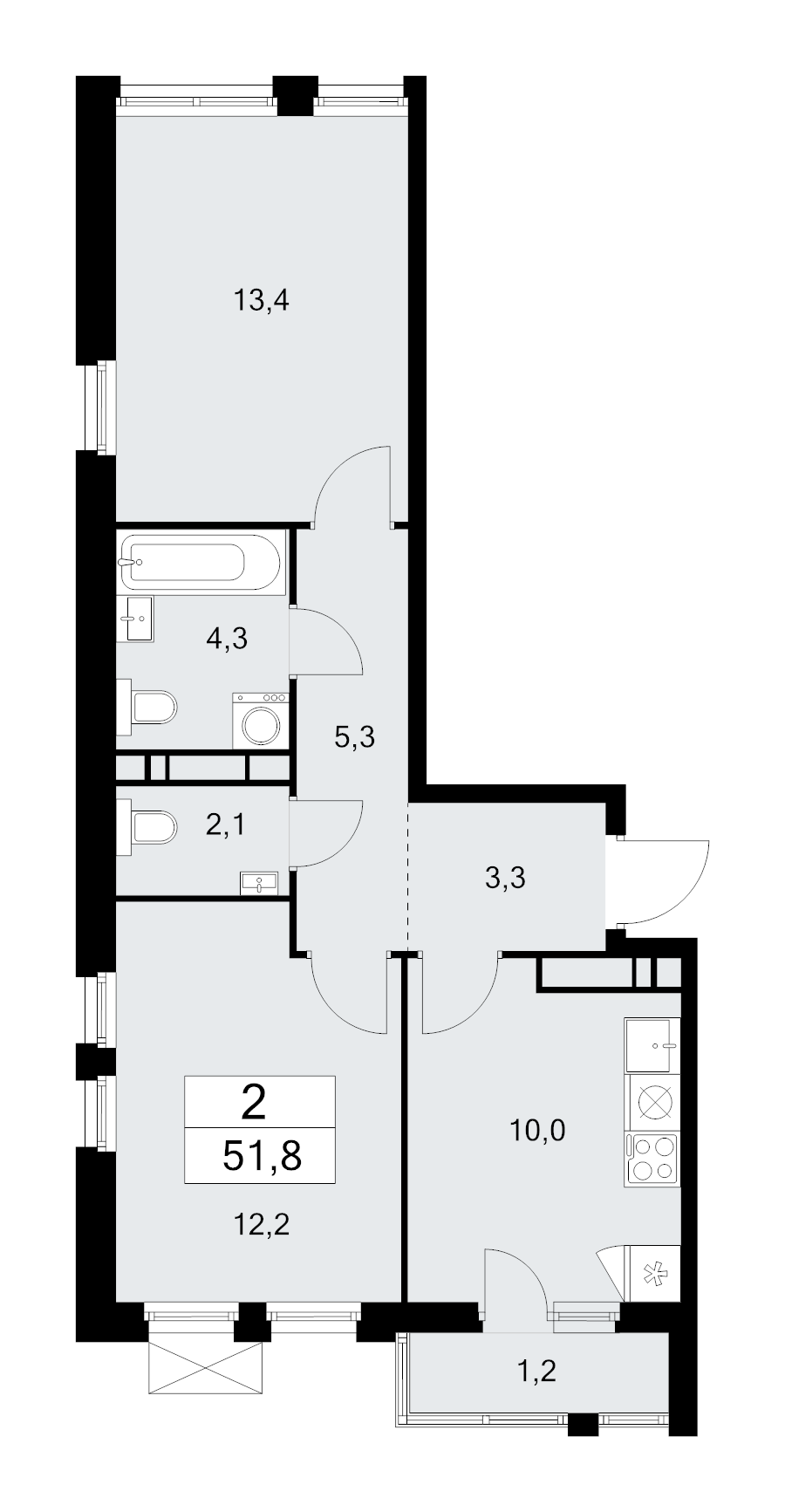2 ккв 51,8 м²