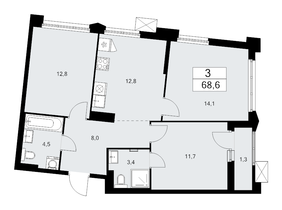 3 ккв 68,6 м²