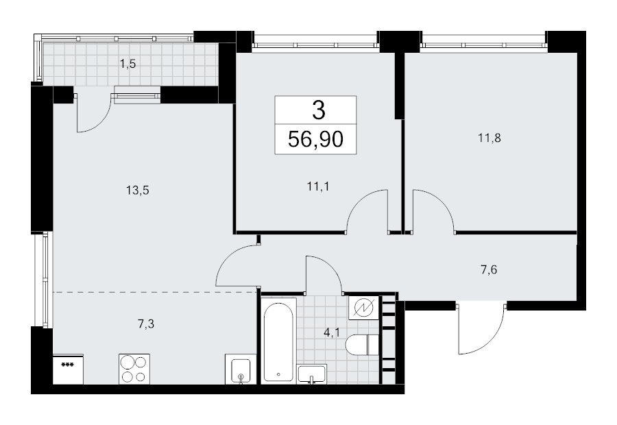 3 ккв (Евро) 56,9 м²