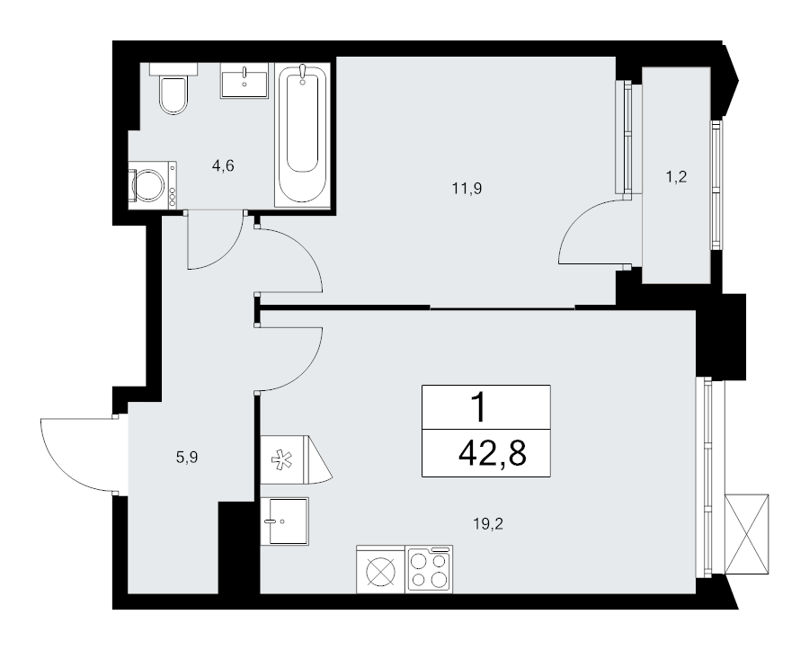 2 ккв (Евро) 42,8 м²