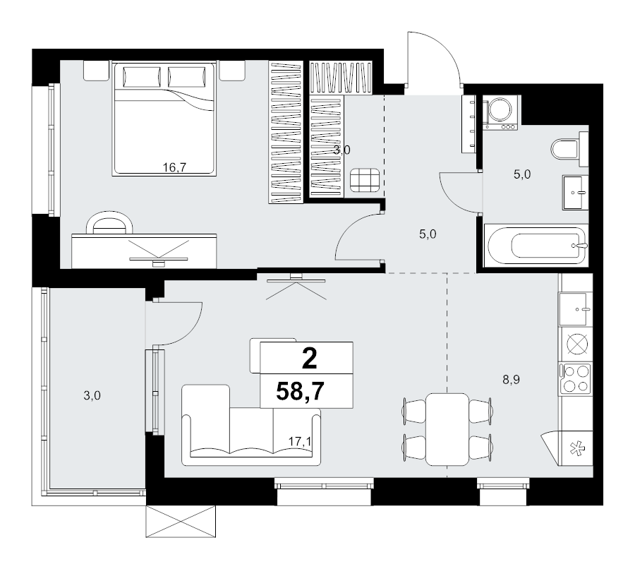 2 ккв (Евро) 58,7 м²