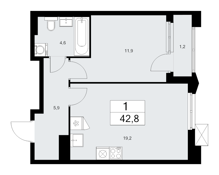 2 ккв (Евро) 42,8 м²
