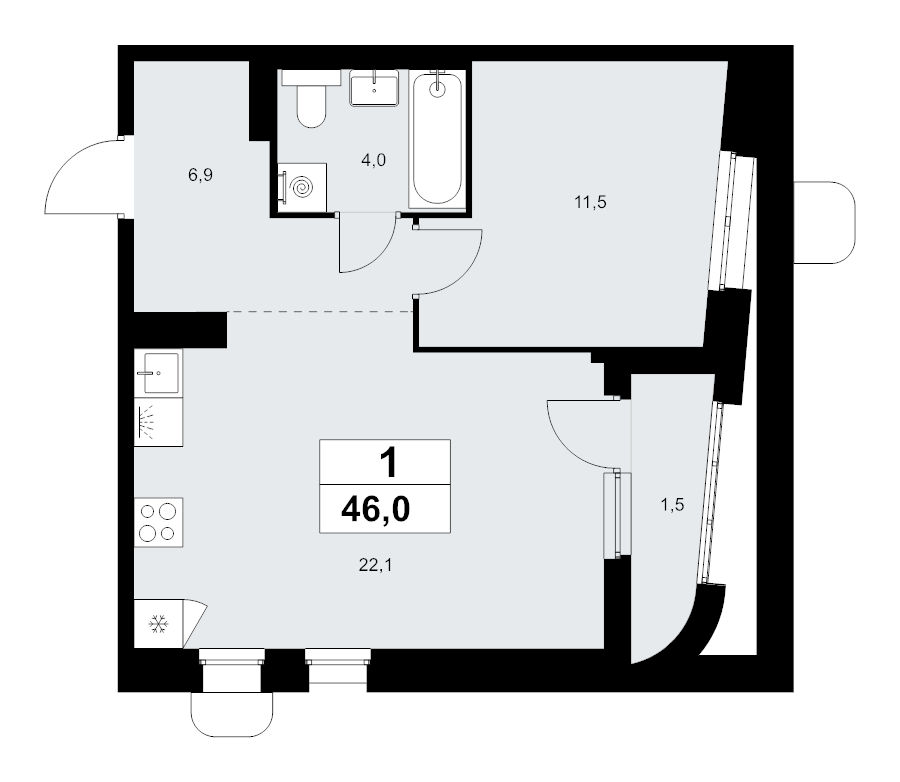 2 ккв (Евро) 46 м²