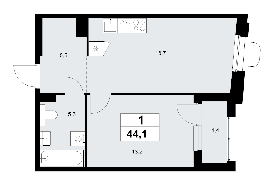 2 ккв (Евро) 44,1 м²