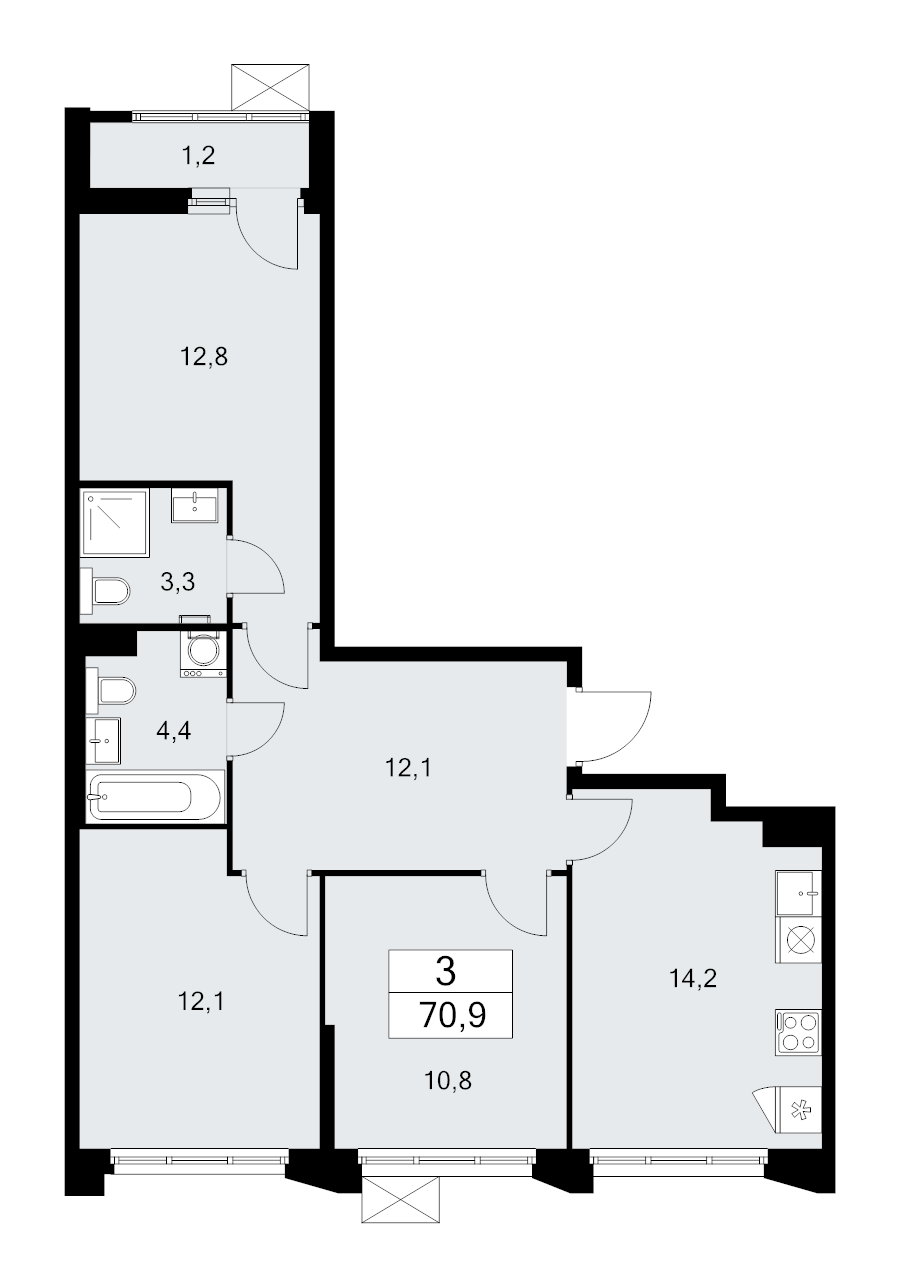 3 ккв 70,9 м²