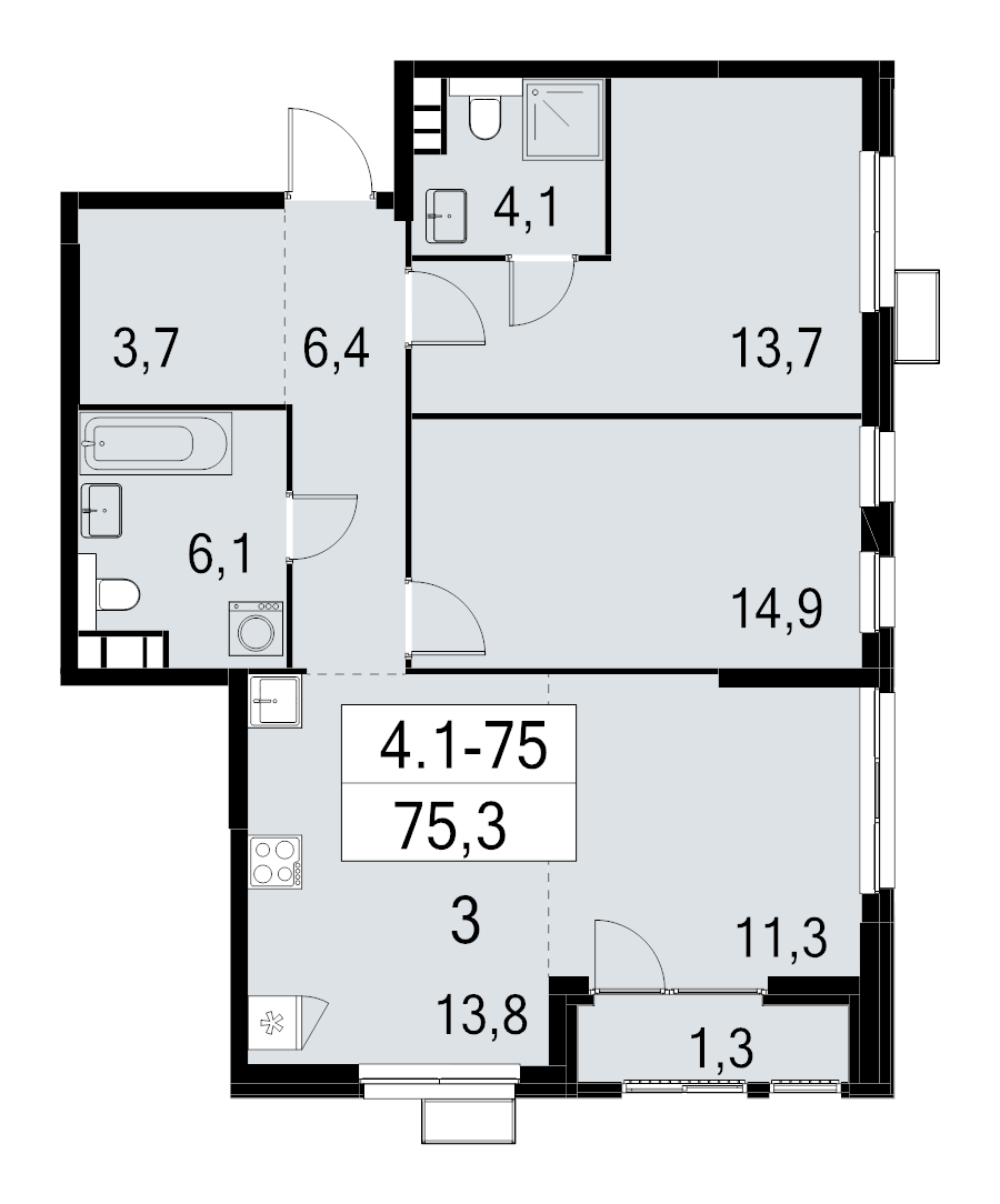 3 ккв (Евро) 75,3 м²