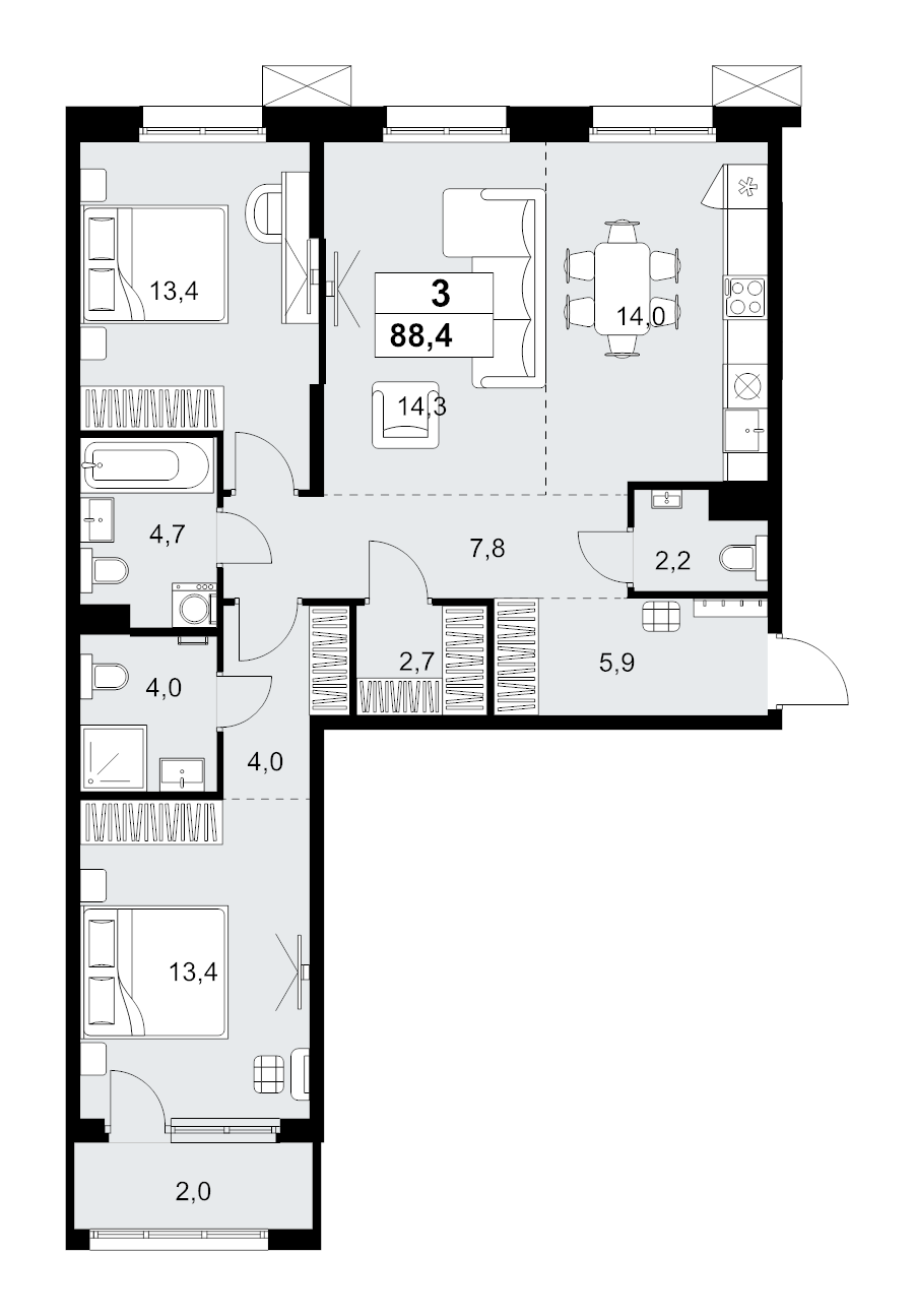 3 ккв (Евро) 88,4 м²