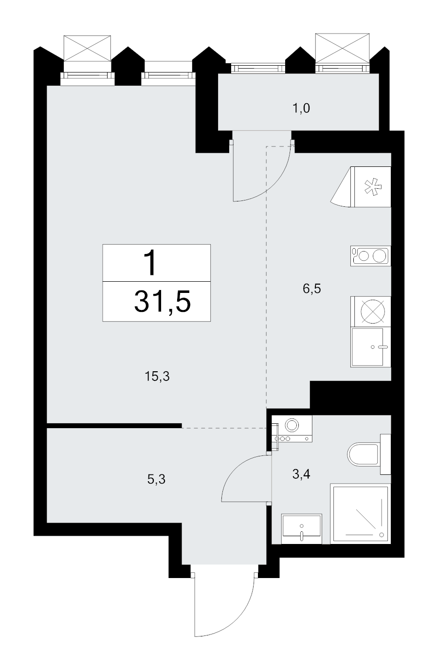 Студия 31,5 м²