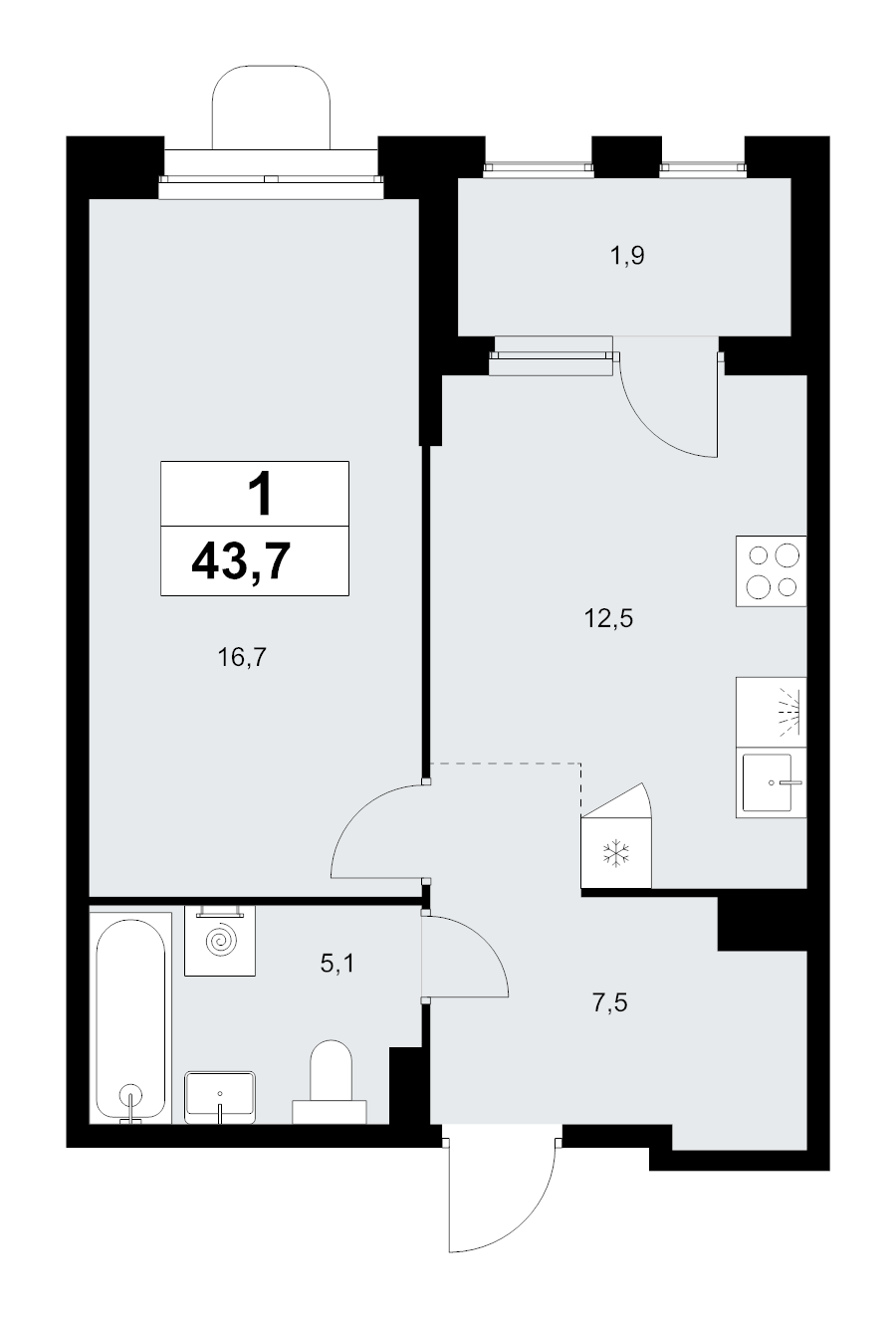 1 ккв 43,7 м²