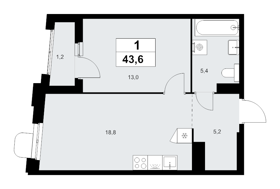 2 ккв (Евро) 43,6 м²