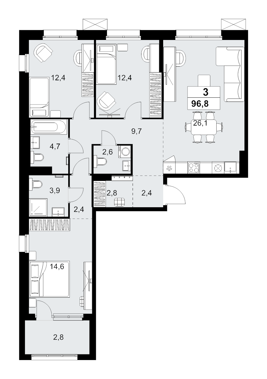 4 ккв (Евро) 96,8 м²