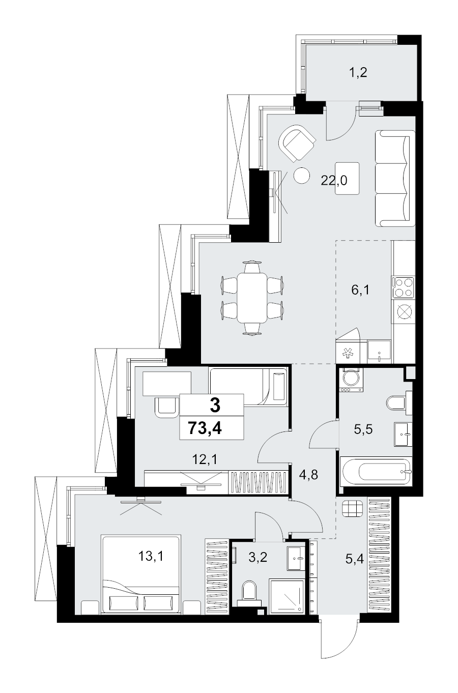 3 ккв (Евро) 73,4 м²