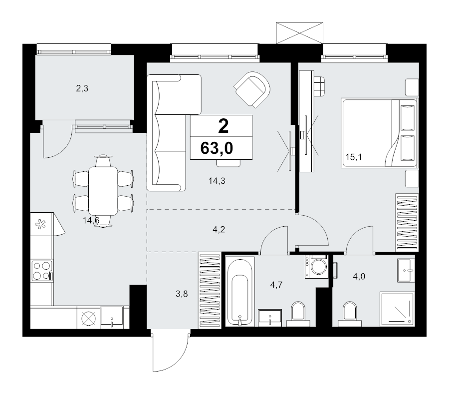 2 ккв (Евро) 63 м²
