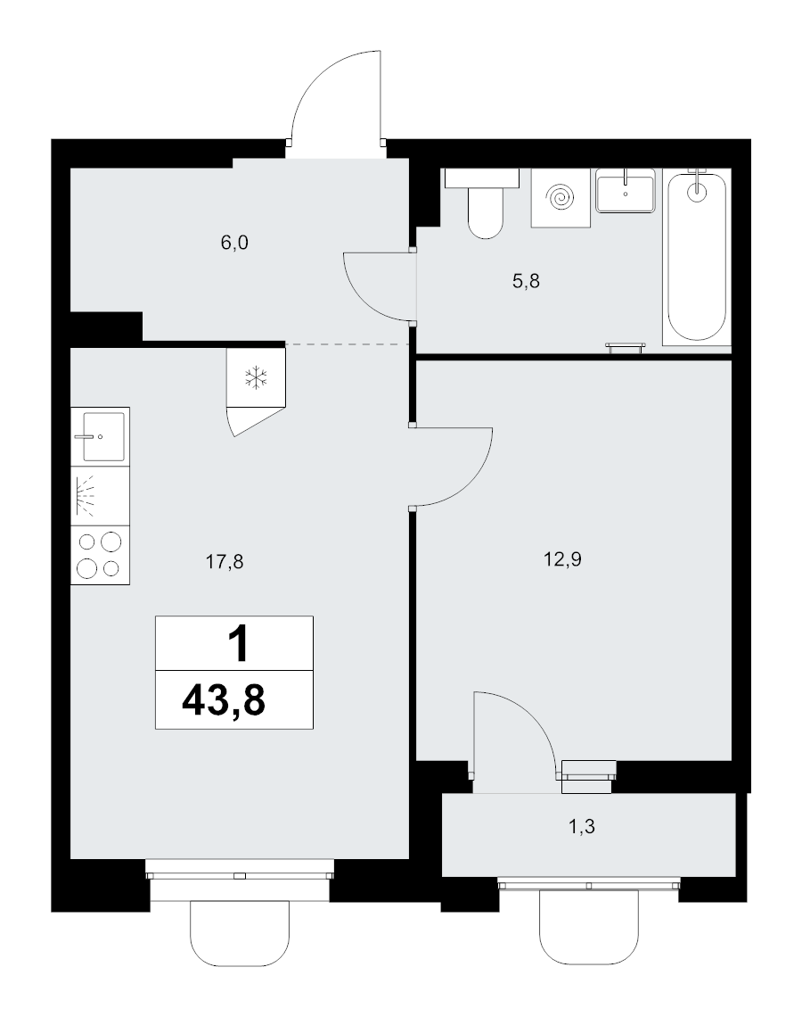 2 ккв (Евро) 43,8 м²