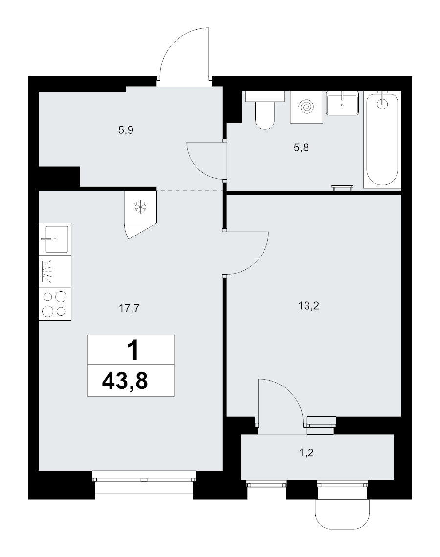 2 ккв (Евро) 43,8 м²