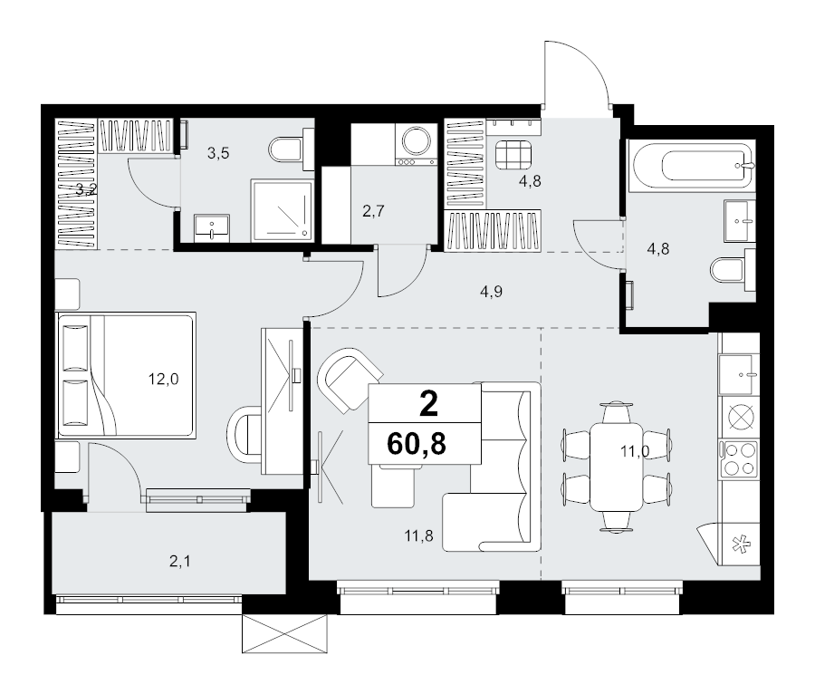 2 ккв (Евро) 60,8 м²