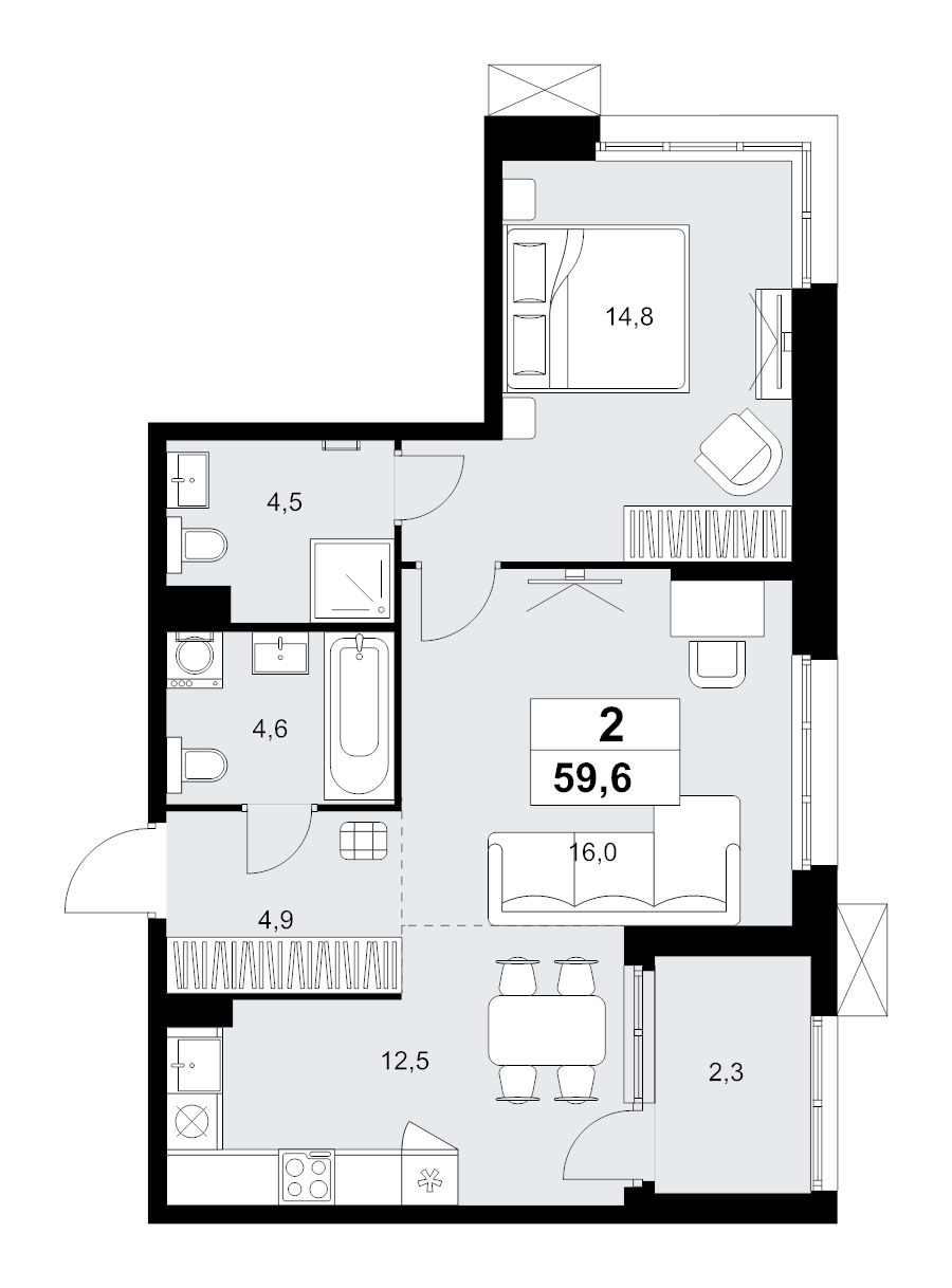 2 ккв (Евро) 59,6 м²