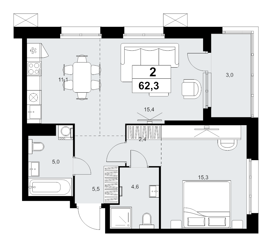 2 ккв (Евро) 62,3 м²