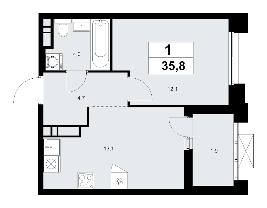 1 ккв 35,8 м²