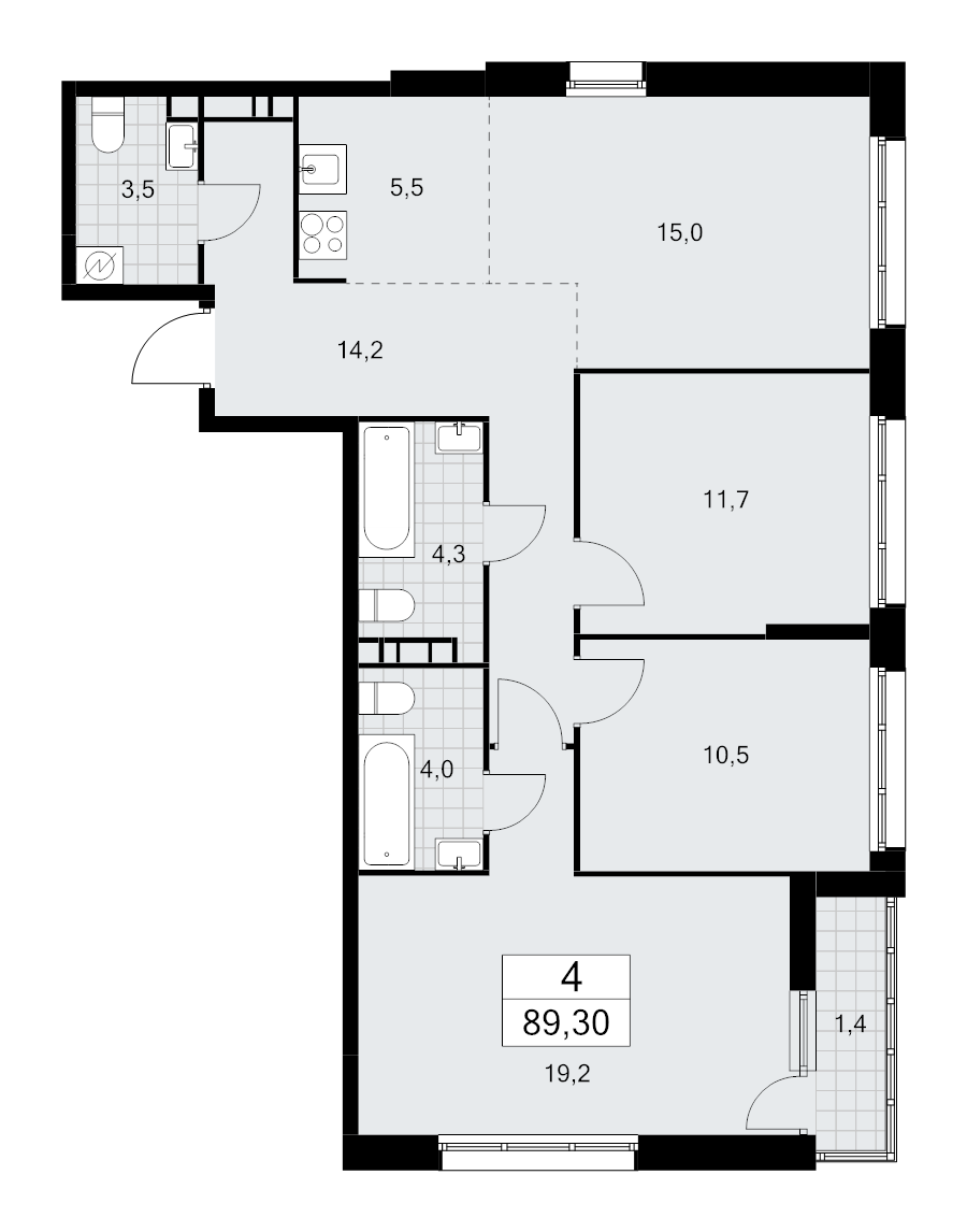 4 ккв (Евро) 89,3 м²